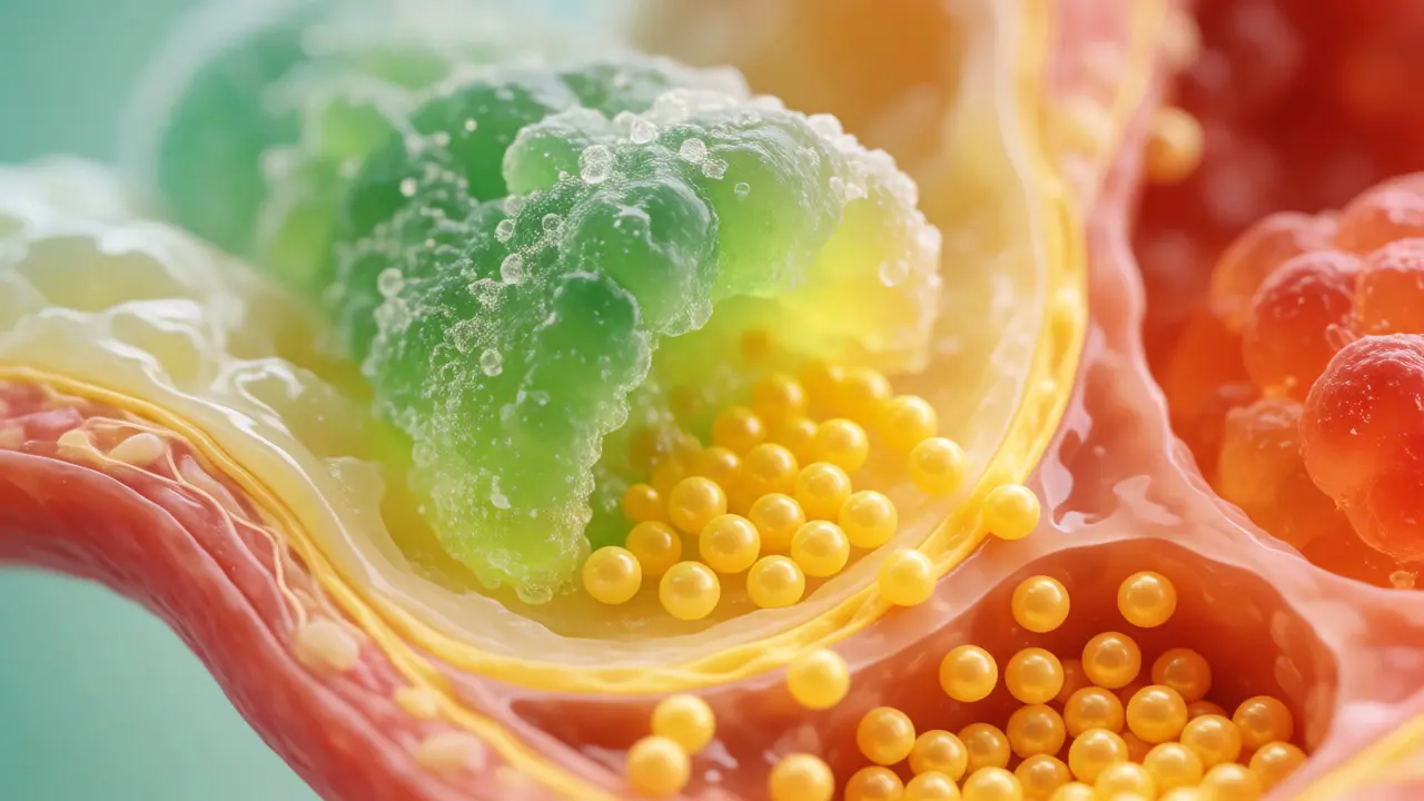 Makro pohled na trávení CBD gummies a jejich vazbu na tuky ve střevech.