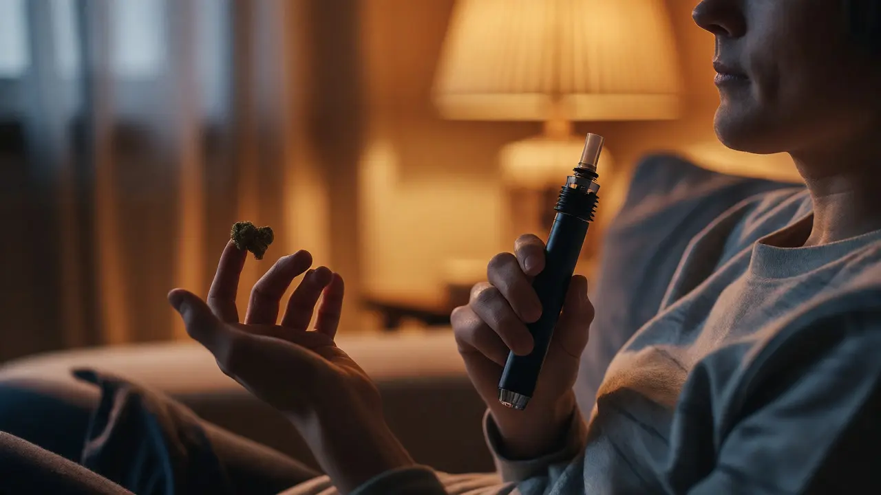 Osoba relaxující doma s kouskem CBD hashe a vaporizérem