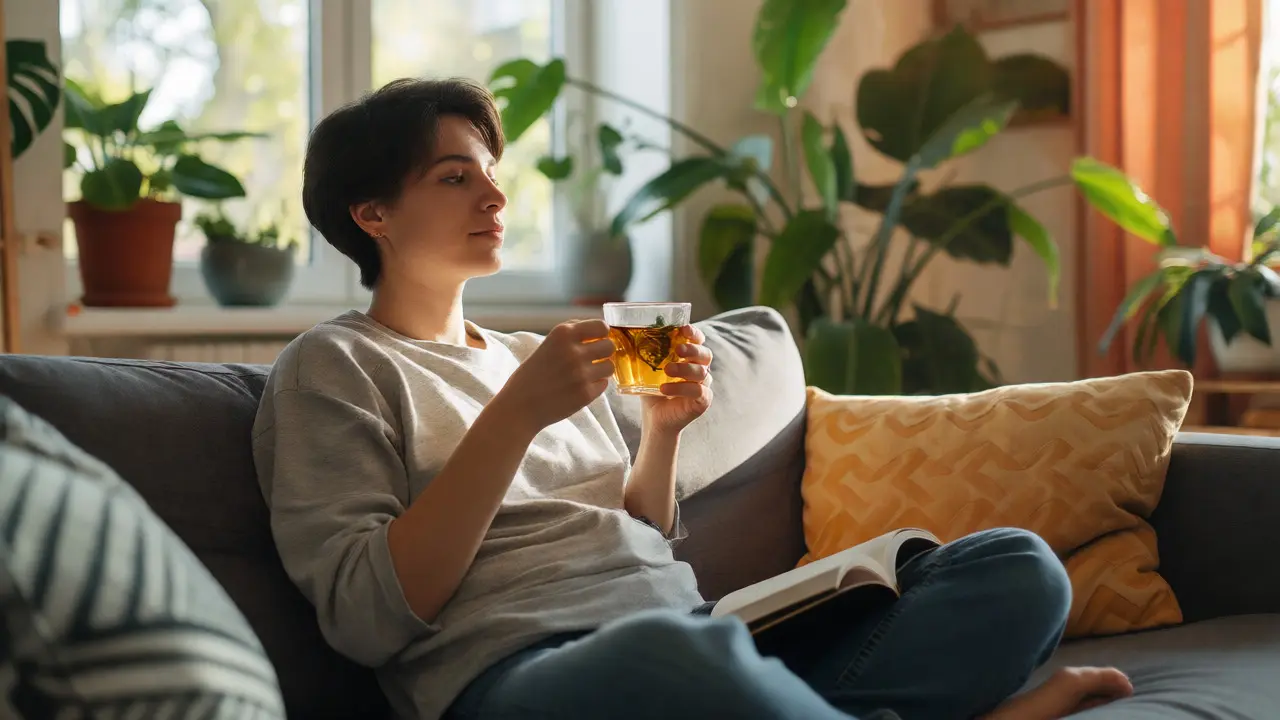 Osoba relaxující na gauči s šálkem čaje ve světlém obýváku