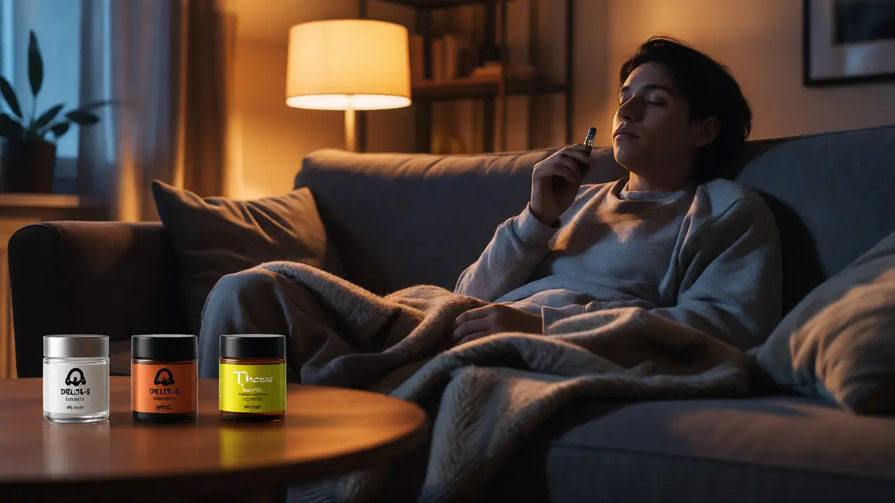 Uvolněná osoba na gauči večer s produkty kanabinoidů na stole