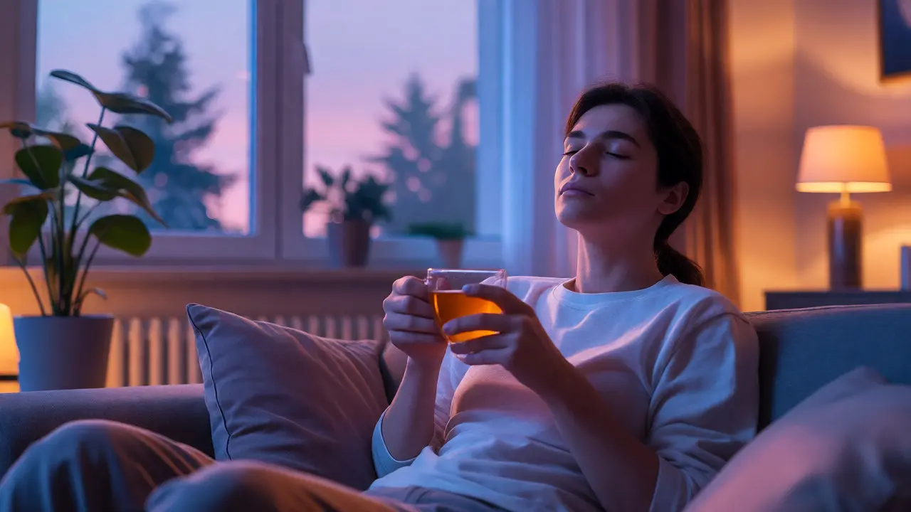 Uvolněná osoba v klidném večerním prostředí s pocitem hluboké relaxace a tělesného tepla.