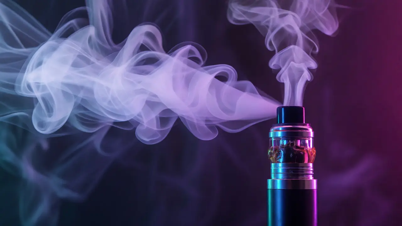 Vaping live resinu z odrůdy Gorilla Glue s hustou párou v atmosférickém osvětlení.