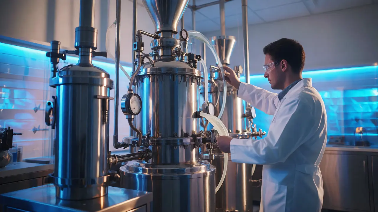 Vědec obsluhující moderní CO2 extraktor v laboratoři