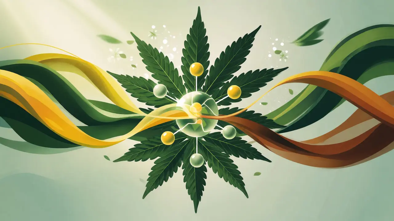 Abstraktní vizualizace synergického účinku CBD a terpenů