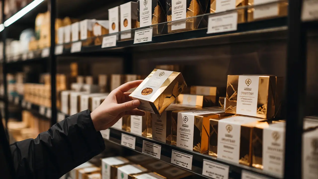 Hand selecting a box of premium hemp cookies from a store shelf.