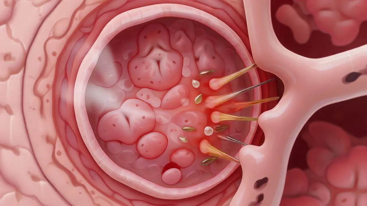 Ilustrace podrážděných plicních alveolů horkou párou