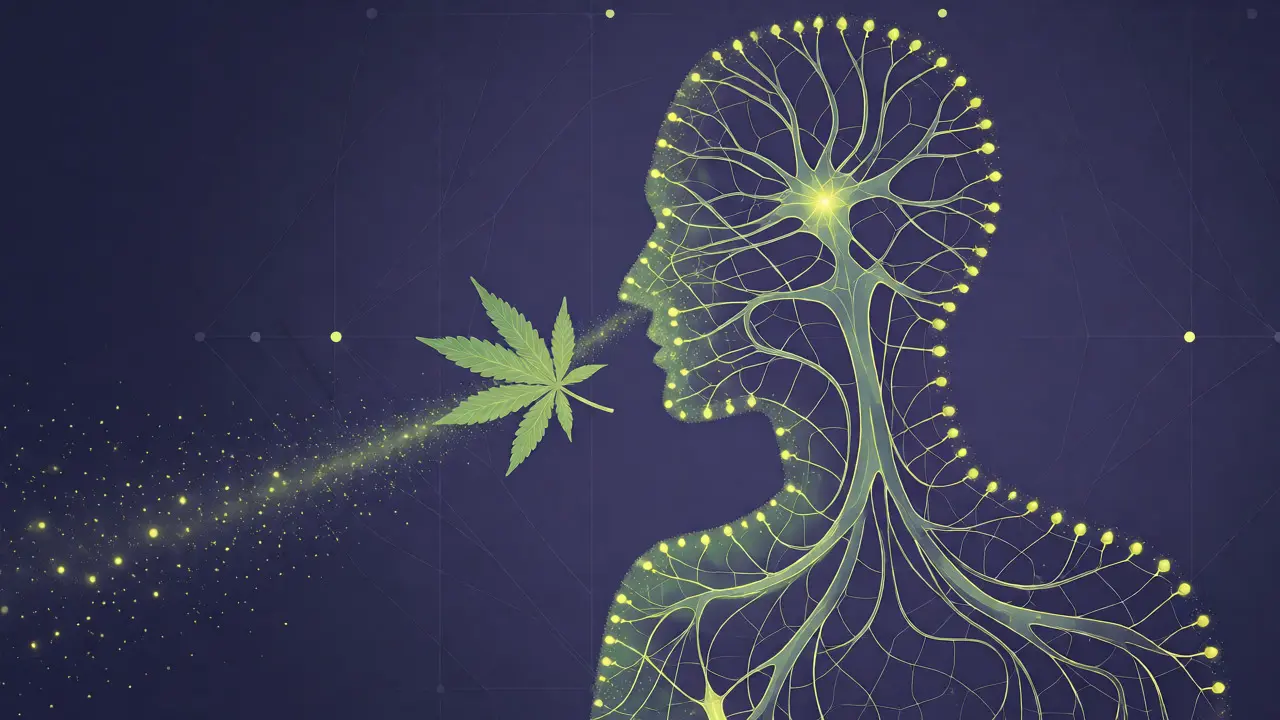 Konceptuální ilustrace lidské siluety s endokanabinoidním systémem přijímajícím CBD.