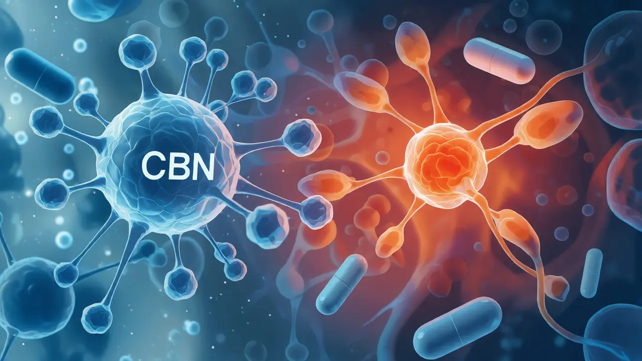Konceptuální vizualizace interakce molekul CBN s enzymy jater při metabolismu léků.