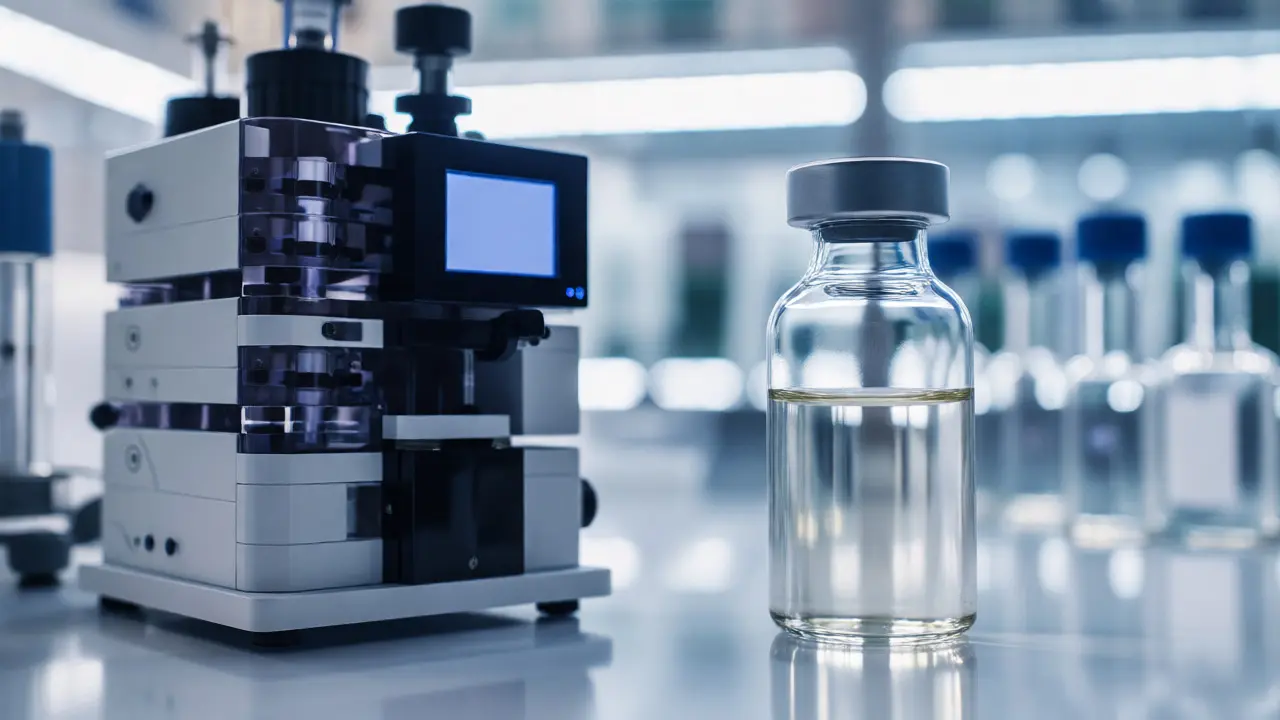 Laboratorní scéna se skleněnou ampulkou extraktu a přístrojem pro analýzu kanabinoidů.