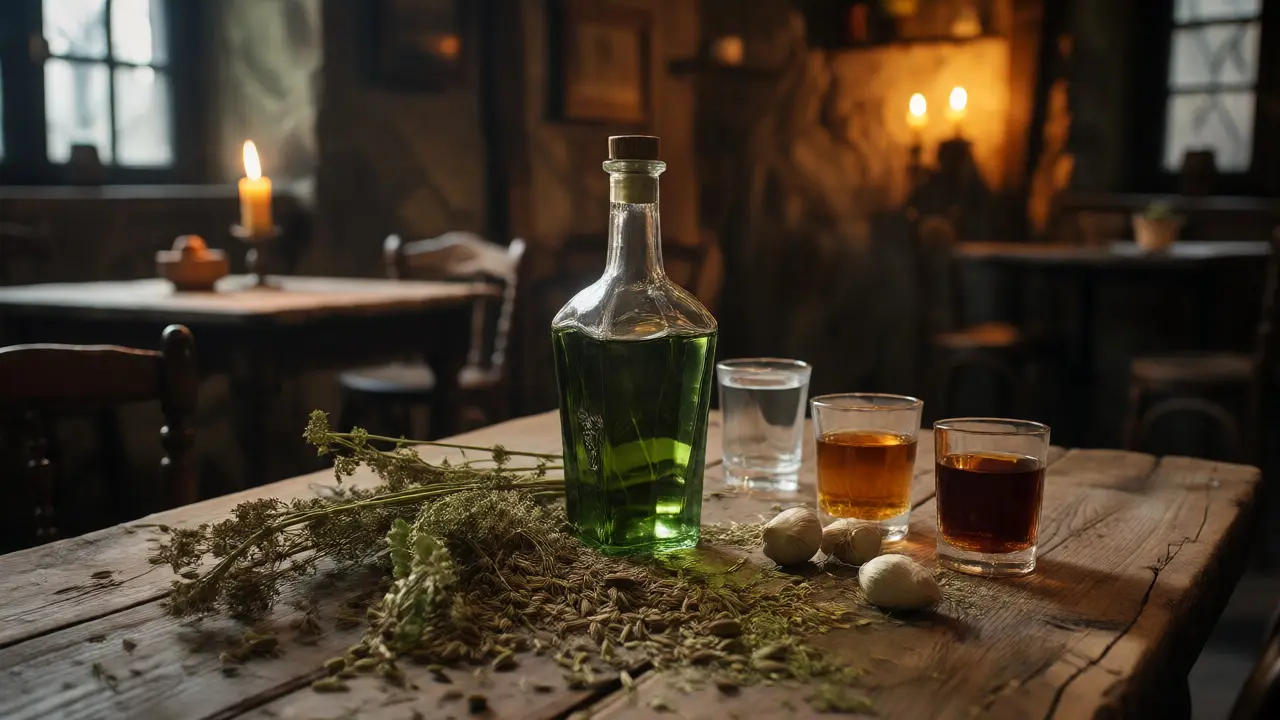 Láhev absintu obklopená bylinkami palinu a dalšími destiláty na stole