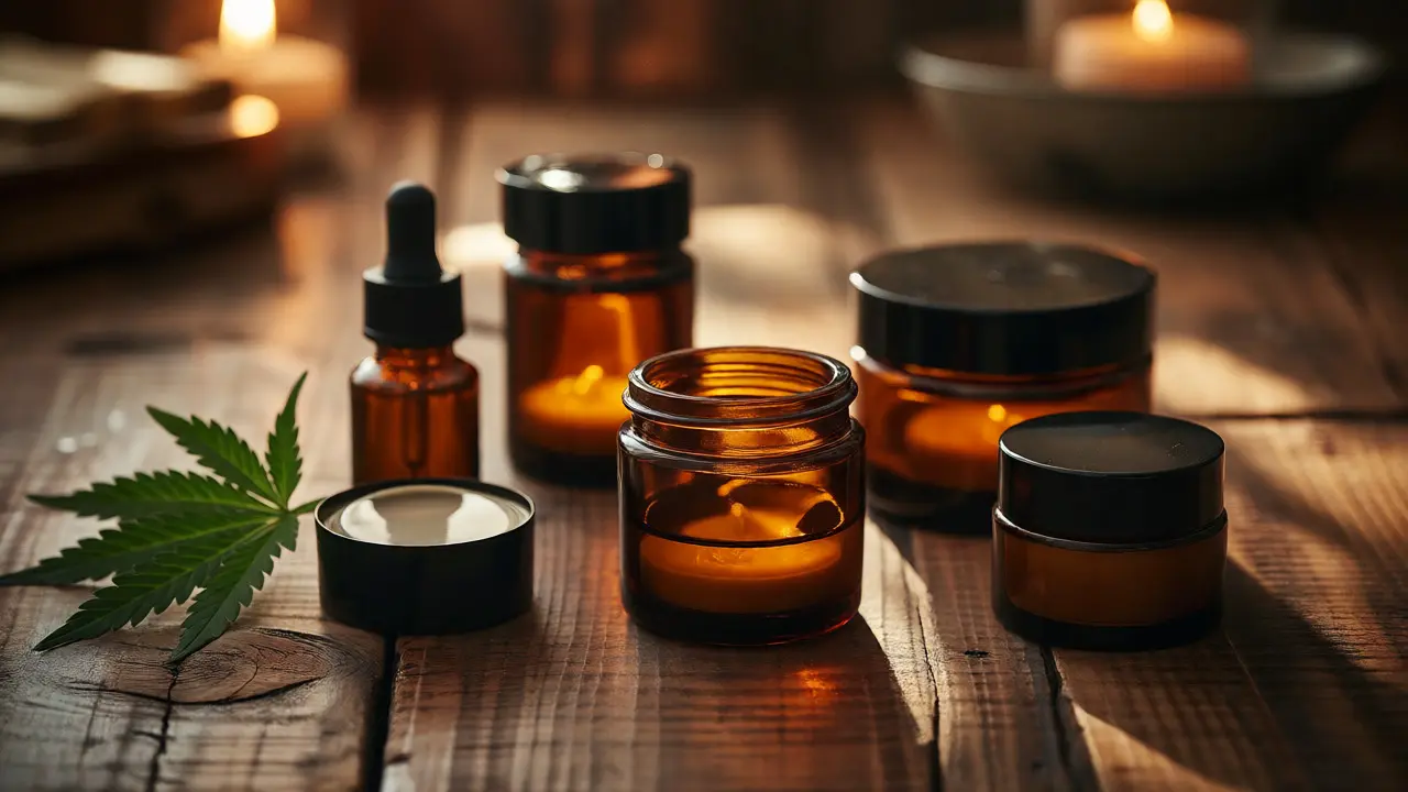Luxusní CBD krémy v tmavých skleněných dózách na dřevěném pozadí