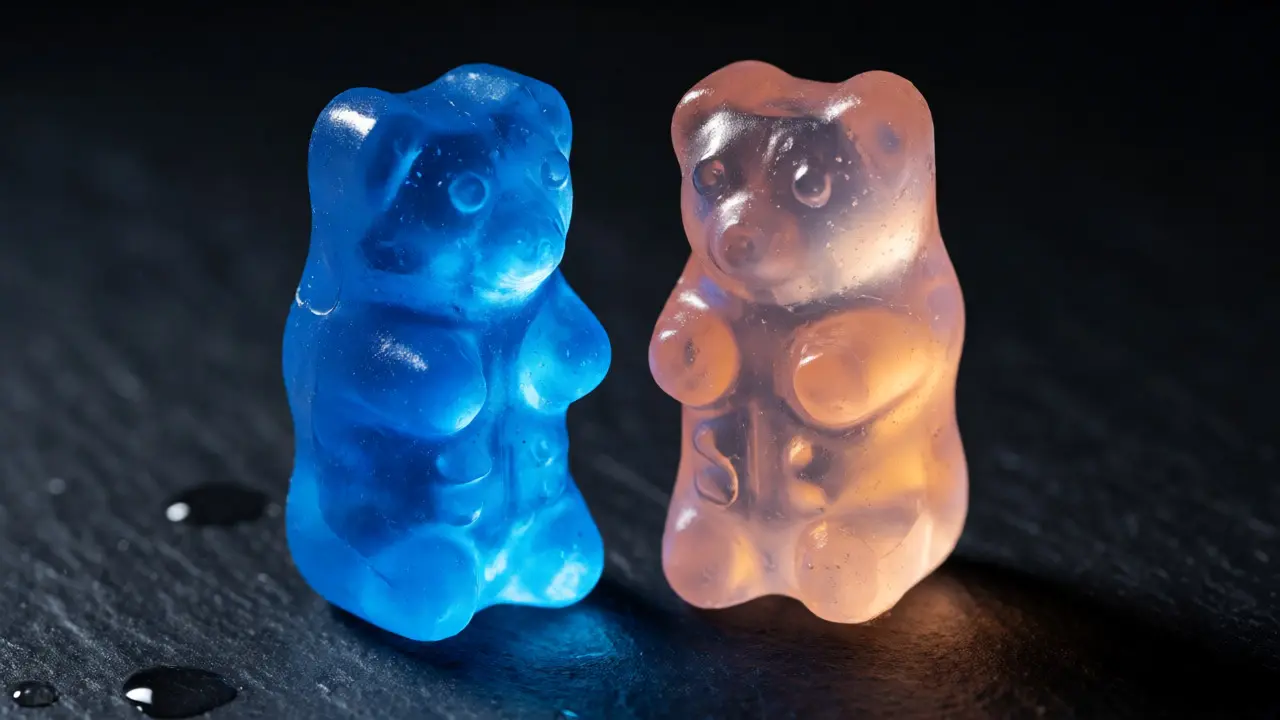 Makro fotografie dvou želeových medvídků s odlišnými barvami代表ujícími sílu látek.