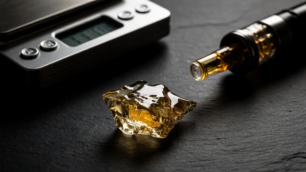 Makro fotografie kusu CBD shatteru vedle digitální váhy