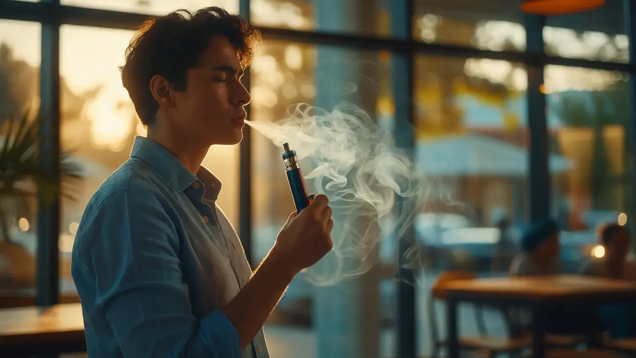 Osoba v klidu vapuje CBD wax u okna s viditelnou párou, což znázorňuje rychlé útlum úzkosti.