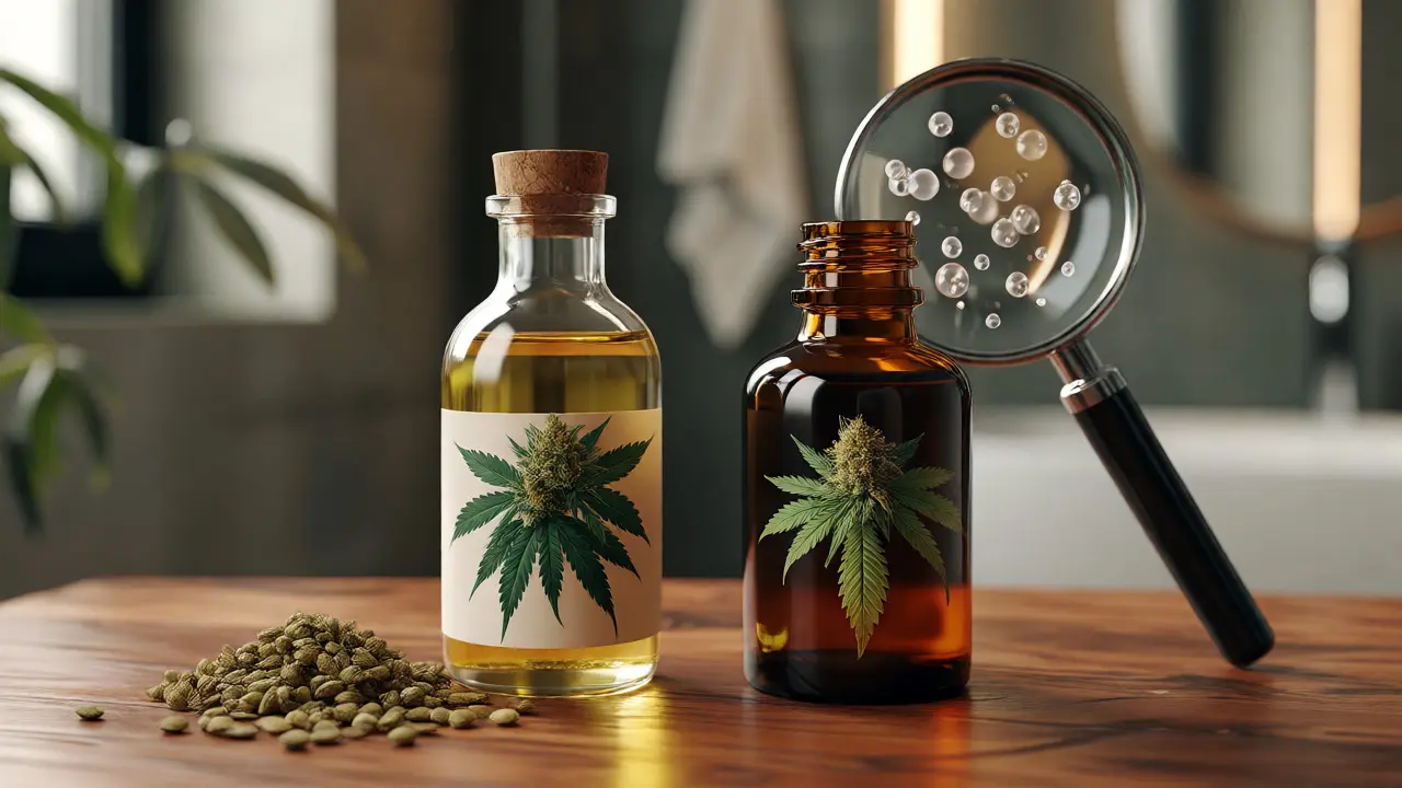 Porovnání lahvičky konopného semenného oleje a CBD extraktu