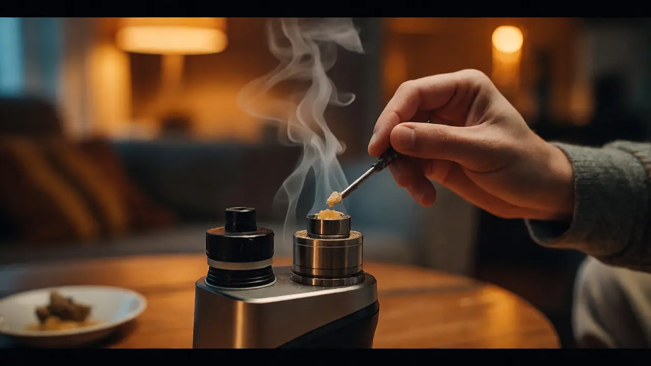 Ruka umisťuje kousek CBD shatteru na zahřátý nail dab rig