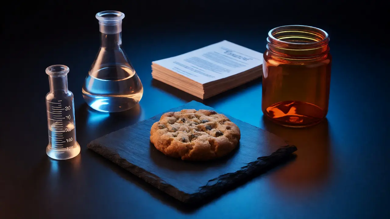 THC cookie surrounded by lab equipment and legal documents on black slate.
