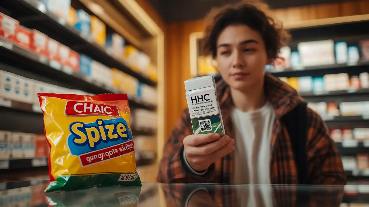 Zákazník vybírá kvalitní produkt HHC v obchodě oproti levnému balení