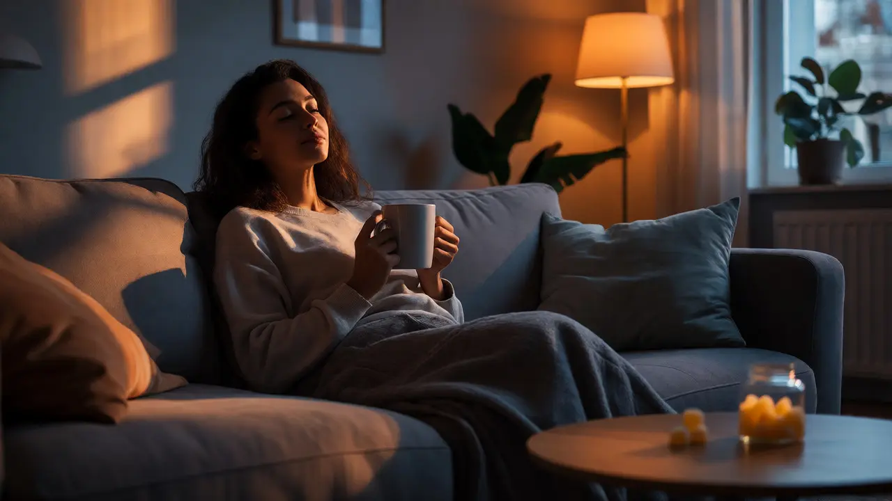 Žena relaxující večer na gauči s čajem a dózou CBD gummies na stole